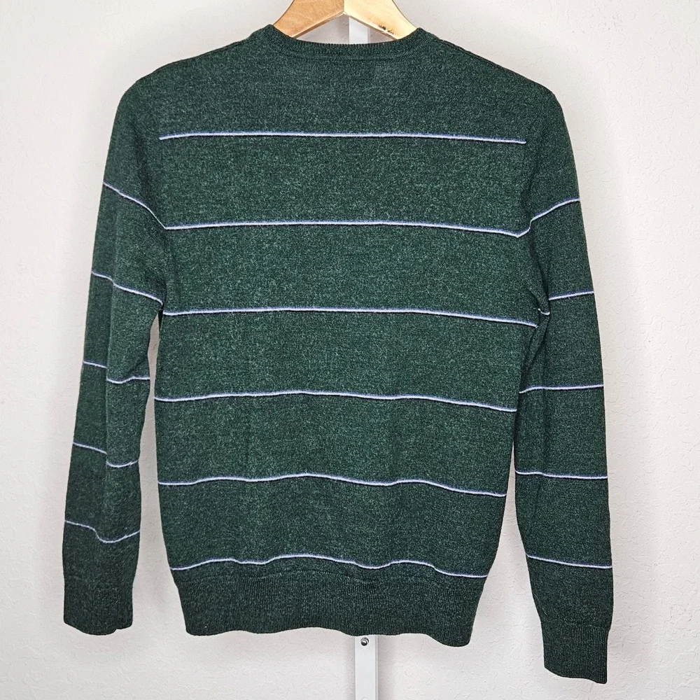 Banana Republic Merino Wool Sweater Green Striped V Neck‎ Lightweight Men's Med